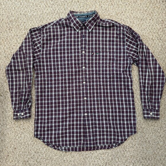 Tommy Jeans Mens XL‎ Shirt Red White Blue Button Front LS Denim Accent Hilfiger - Picture 1 of 9